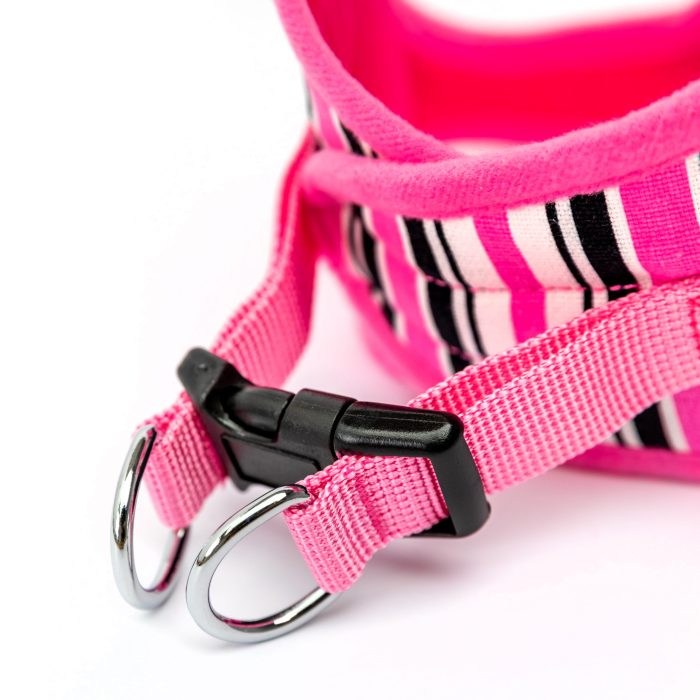 pink striped canvas step-in harness detail