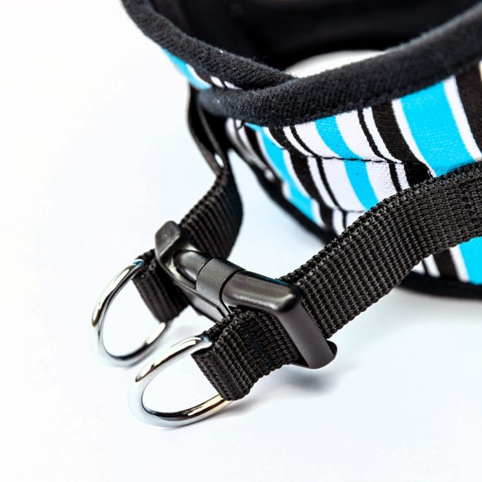 blue striped canvas step-in harness detail