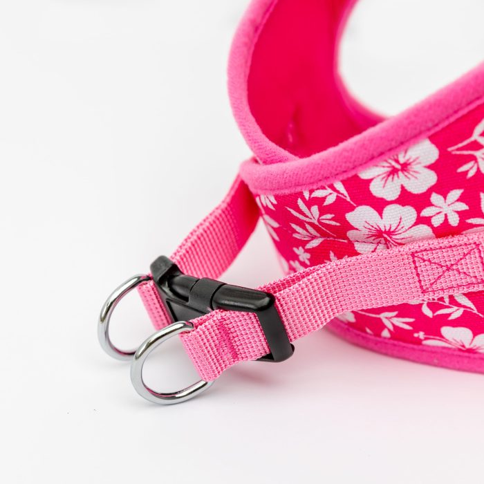 pink hibiscus step-in dog harness detail