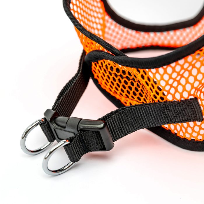 neon orange netted step in dog harness detail