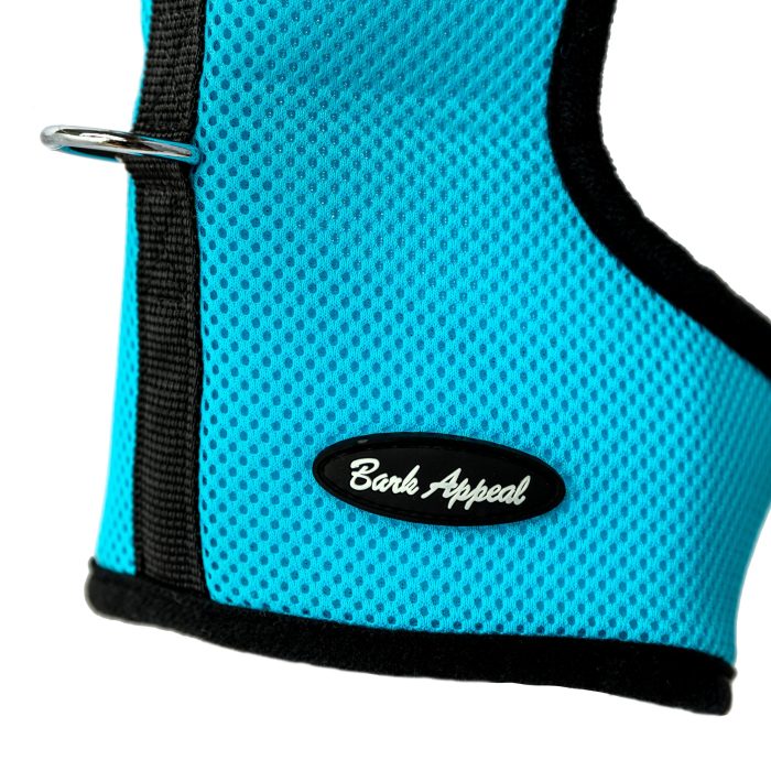 aqua blue wrap and go mesh dog harness detail