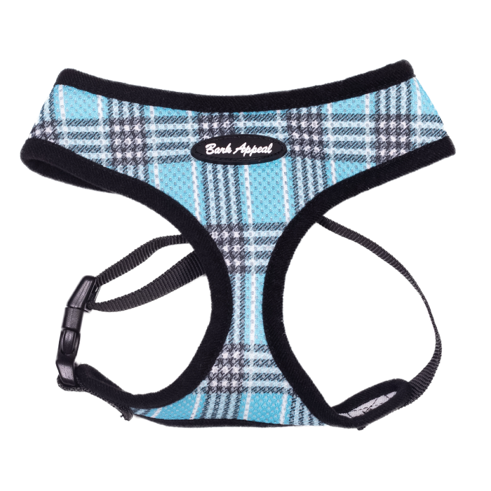 blue plaid mesh pull over dog harness