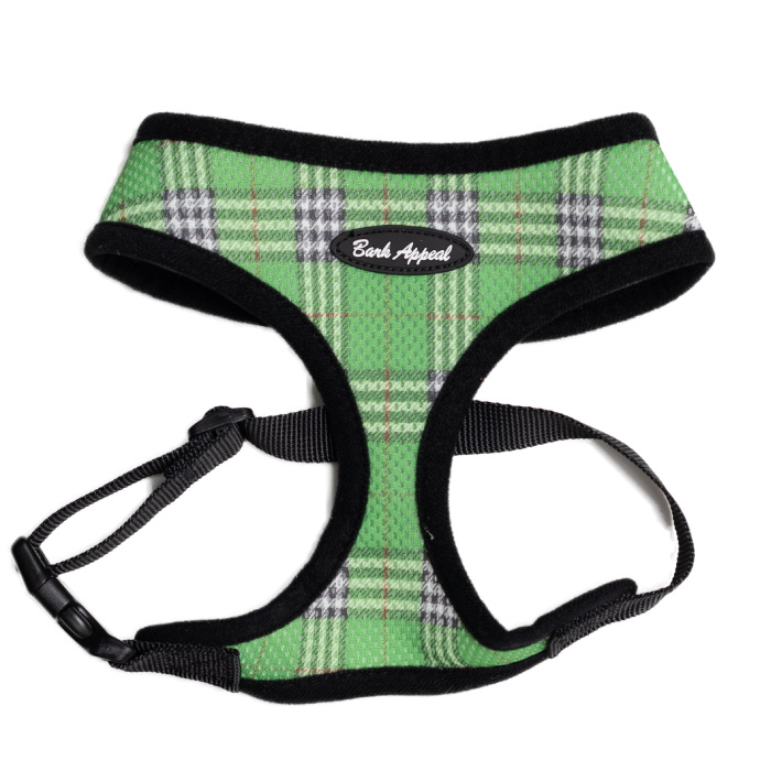 green plaid pull over dog harness