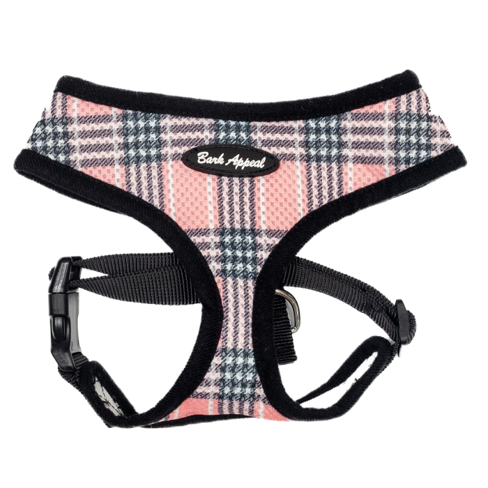 pink plaid mesh pull over dog harness