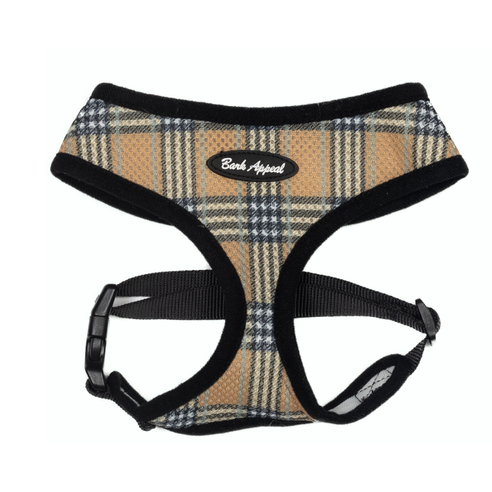 tan plaid pull over dog harness